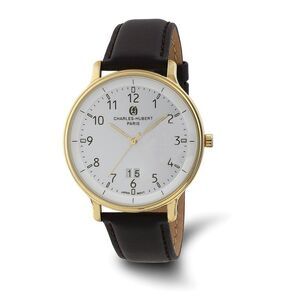 Charles Hubert Mens Gold Tone Stainless Steel White Dial Leather Watch